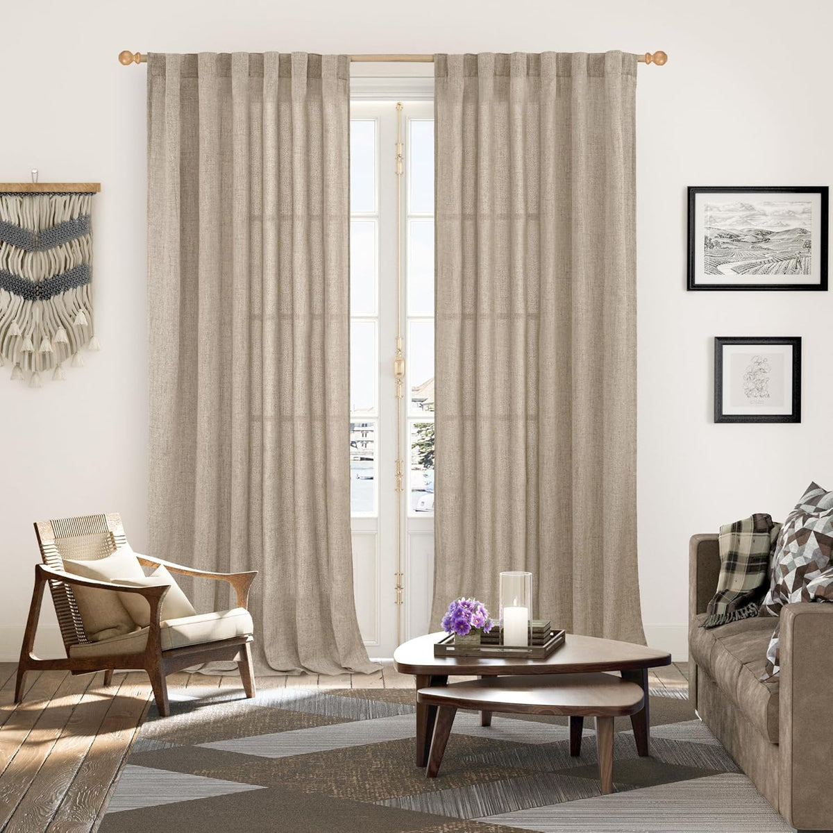 YoungsTex Dark Oatmeal Linen Curtains 102 Inch Length for Living Room, Long Semi Sheer Drapes with Rod Pocket Back Tab Light Filtering for Office Dining Bedroom, 2 Panels, 52 X 102 Inch