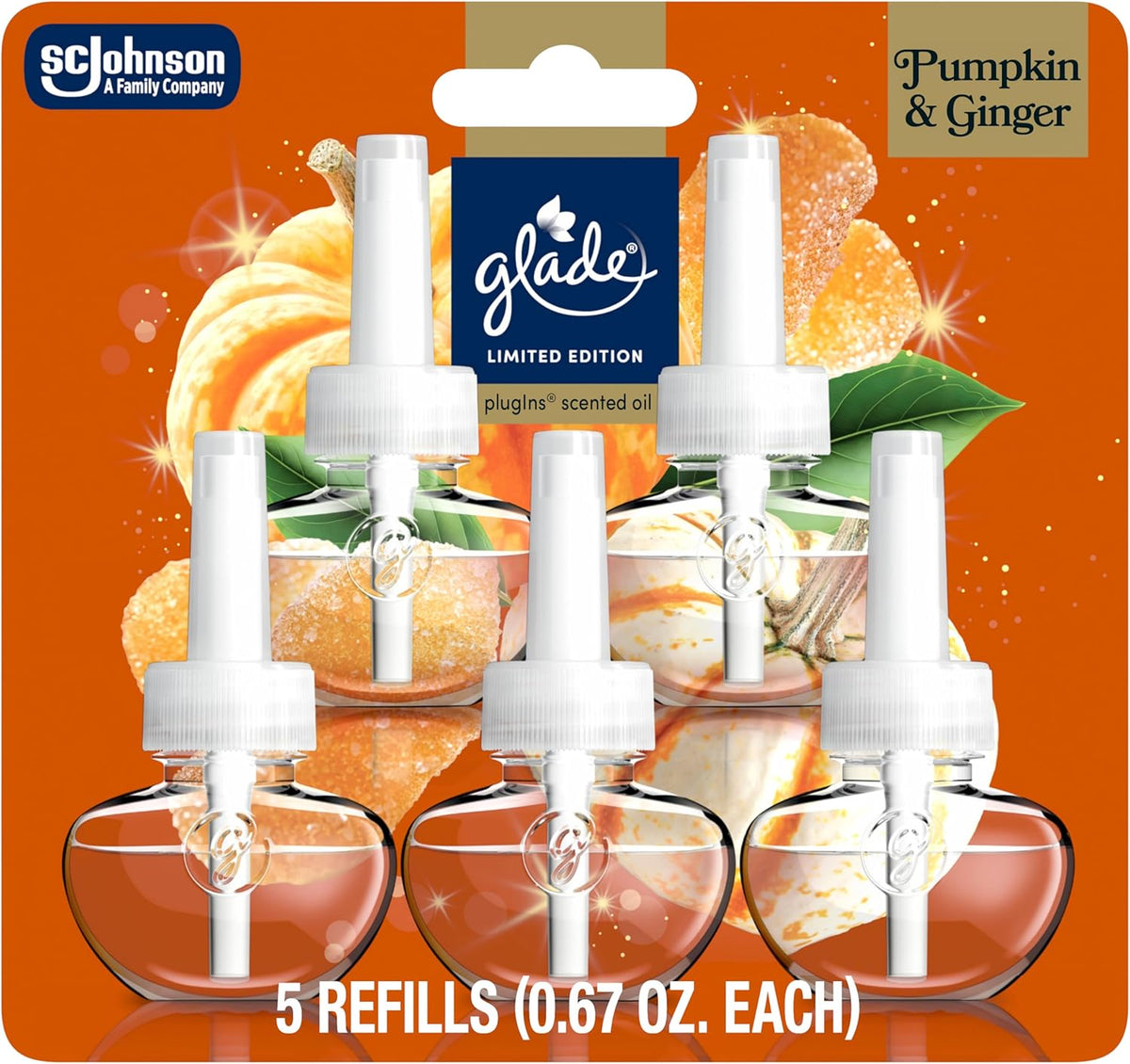Glade PlugIns Refills Air Freshener, Pumpkin & Ginger, Scented and Essential Oils for Home and Bathroom, 0.67 Fl Oz, 5 Count