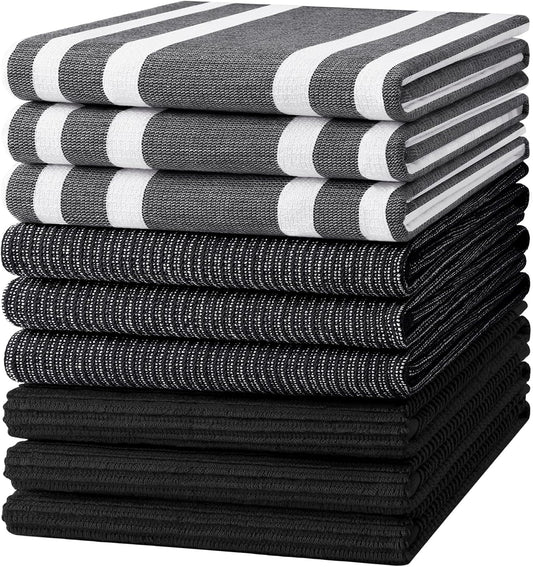 Homaxy Premium Kitchen Towels(18”x 28”, 9 Pack), Large Cotton 380 GSM Kitchen Hand Towels, Soft and Absorbent Terry Dish Towels, Multipurpose Tea Towel Set with Hanging Loop, Black