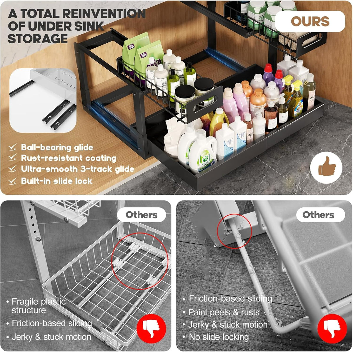 1 Pack Expandable Under Sink Organizers And Storage With Upgrade Ball-Bearing Slide Tracks,2-Tier Pull Out Under Cabinet Organizer Height Adjustable,Slide Out Under Sink Drawers-Black(Patent Pending)