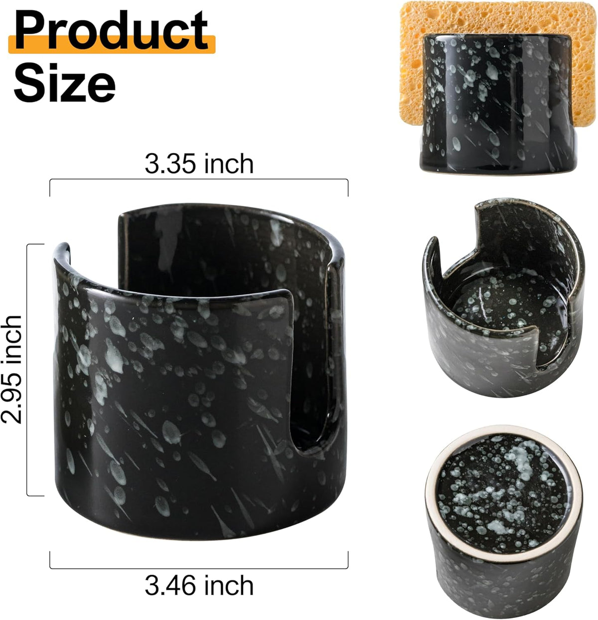 Sponge Holder for Kitchen, Ceramic Sink Caddy Scrub Sponge Rack Dish Rack Scrubbers Holder for Kitchen Sink, Bathroom, Black
