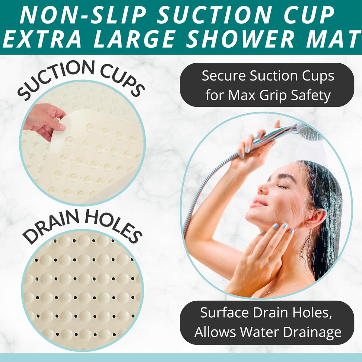ENKOSI Extra Large Square Non Slip Shower Mat - 31 x 31-inch XL Bathroom Shower Mat - Square Shower Matts for Shower Stall Floors | Secure Suction Cups and Drain Holes (31x31 Pearl White)