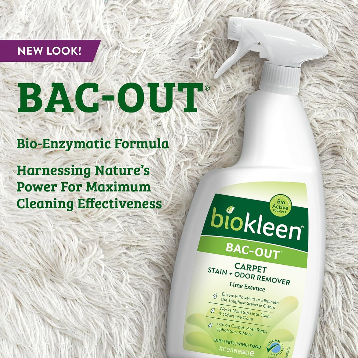 Biokleen Bac-Out Stain Remover for Clothes & Carpet - 32 Ounce - Natural, Enzymatic, Destroys Stains & Odors Safely, for Pet Stains, Laundry, Diapers, Wine, Carpets, Eco-Friendly, Plant-Based