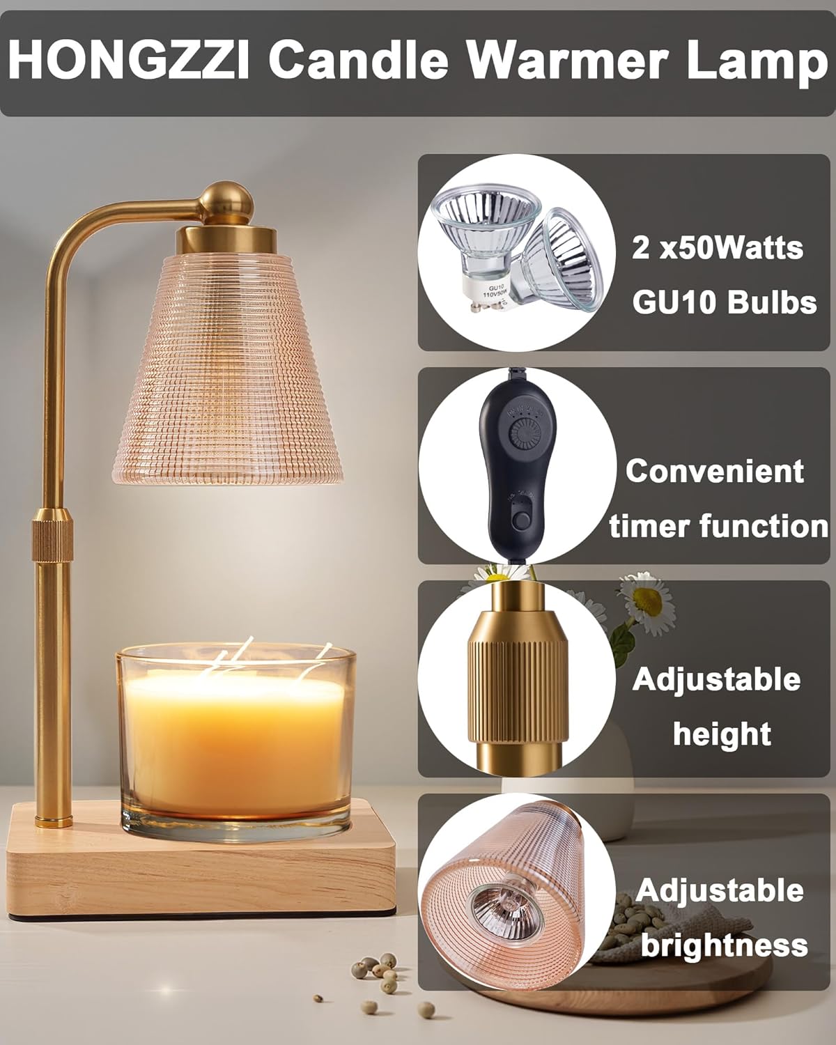 Candle Warmer Lamp - Electric Candle Warmer with Timer, Adjustable Height & Brightness, 2 Replacement Bulbs, 1-Year Warranty - Perfect for Jar Candles, Kitchen, Living Room, Bedroom (Gold)