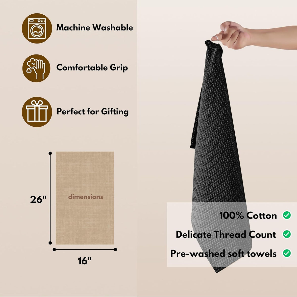 Native Fab Cotton Kitchen Towel with Hanging Loop 16x26 inches, 12-Pack, Waffle Weave Kitchen Towels for Cleaning Drying, Washcloths Soft & Absorbent Cloth Rags, Bar Towel, Dish Cloth, Black