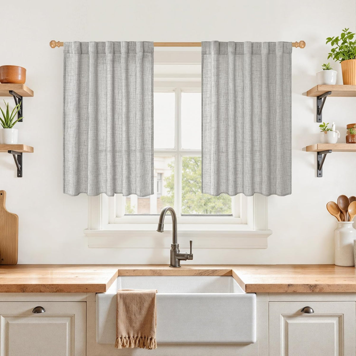 YoungsTex Dark Grey Linen Semi Sheer Curtains 36 Inch Length for Cafe Winow, Short Drapes Light Filtering with Rod Pocket Back Tab for Bathroom, 2 Panels, 42 X 36 Inch