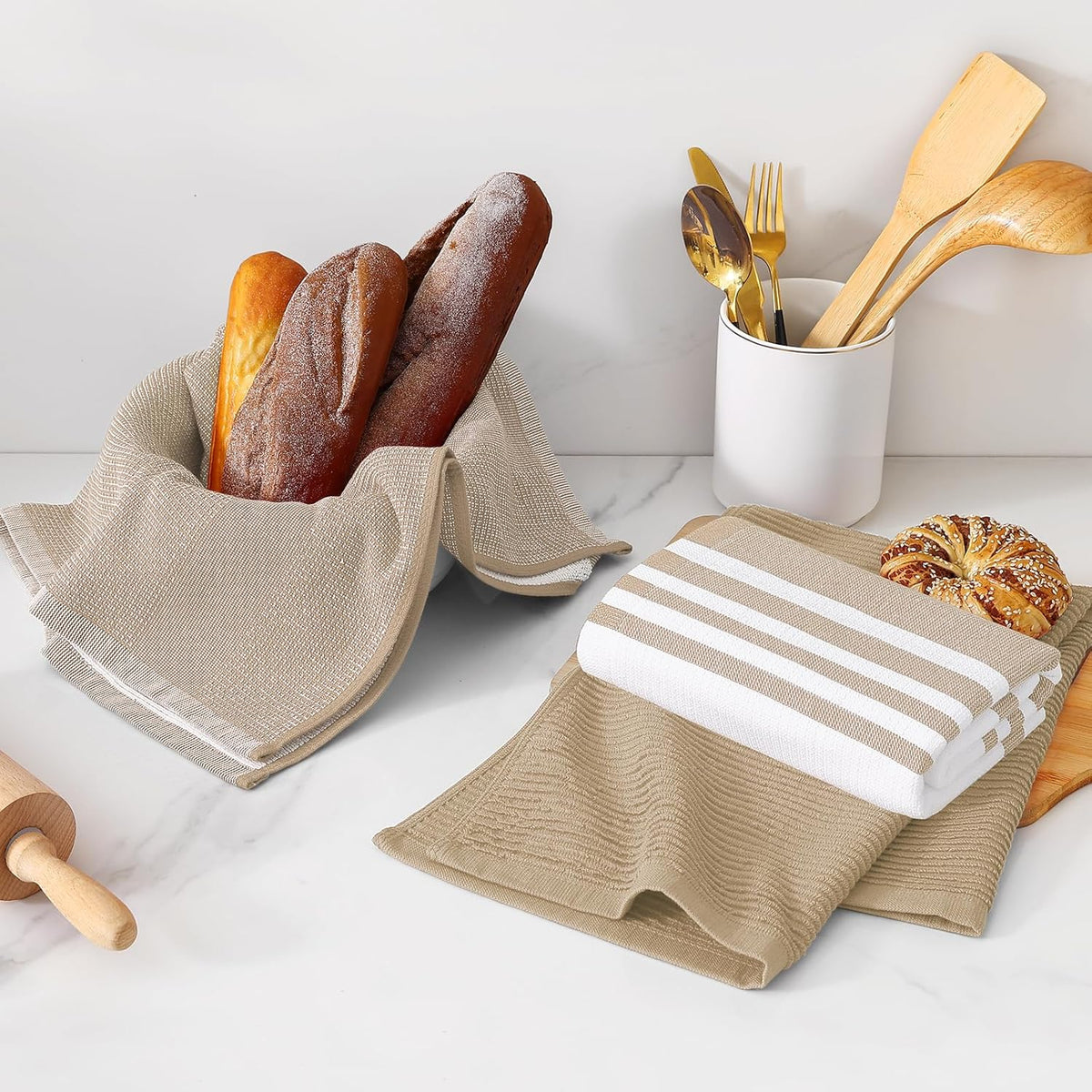 Homaxy Premium Kitchen Towels(18”x 28”, 3 Pack), Large Cotton 380 GSM Kitchen Hand Towels, Soft and Absorbent Terry Dish Towels, Multipurpose Tea Towel Set with Hanging Loop, Khaki
