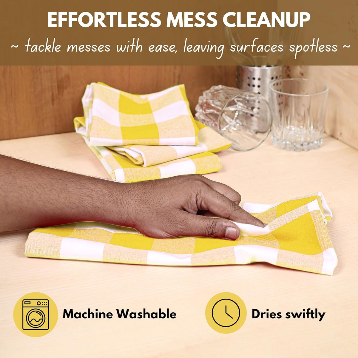 Native Fab Yellow Buffalo Dish Towel 16"x26", Set of 6 - Cotton Plaid Towels, Soft Absorbent Dishcloths with Hanging Loop, Kitchen Towels for Quick Drying - Yellow White