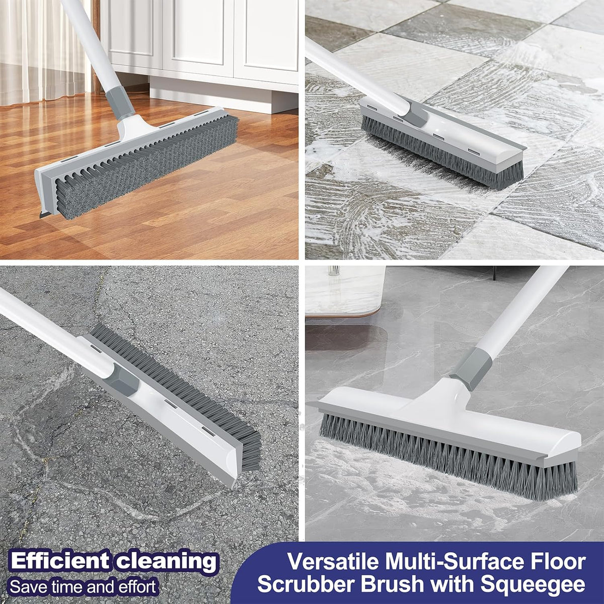 Floor Scrub Brush with 60 inch Long Handle, 2 in 1 Heavy Duty Stiff Bristle Floor Scrubber Brush and Scraper for Cleaning Shower, Tile, Bathroom, Kitchen, Deck, Garage, Patio
