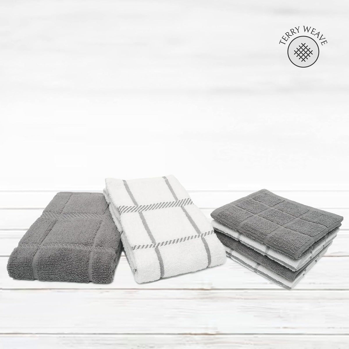 100% Cotton Terry Dish Cloth & Dish Towel, 6 Pack, Super Soft and Absorbent Kitchen Towels, Perfect for Kitchen Cleaning and Dish Washing (Grey (DT and DC Combo))