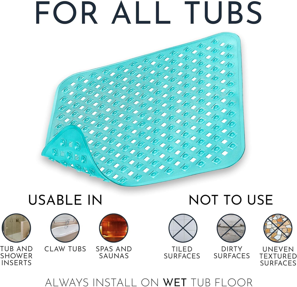 Homerella Anti Slip Shower Mat | Anti Mold Non Slip Bathtub Mat for Inside Shower | Square Floor Shower Mat 21 x 21 inch with Suction Cups for Grip & Hooks Hanging and Quick Drying | Machine Washable