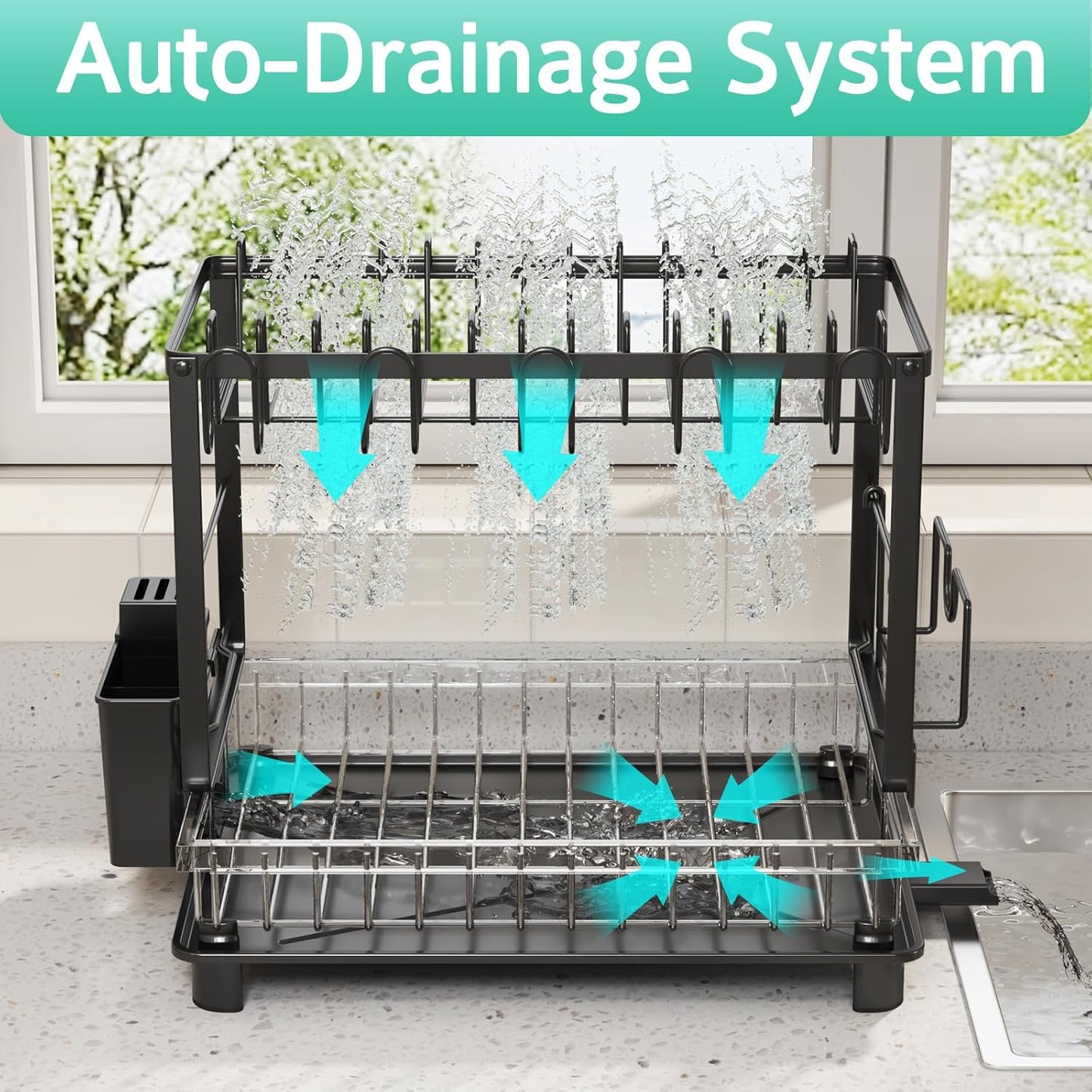 Dish Drying Rack, 2 Tier Space-Saving Dish Rack, Multifunctional Dish Drainer for Kitchen Counter with Drainboard/Utensil/Cup Holder Rustproof Carbon Steel, Black