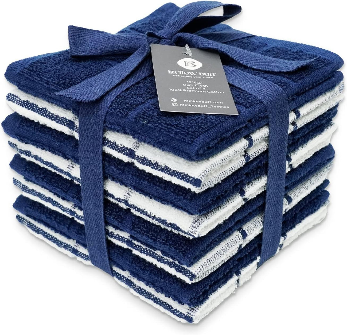 100% Cotton Terry Dish Cloth & Dish Towel, 6 Pack, Super Soft and Absorbent Kitchen Towels, Perfect for Kitchen Cleaning and Dish Washing (Navy (Solid and Check) 8 Pack)