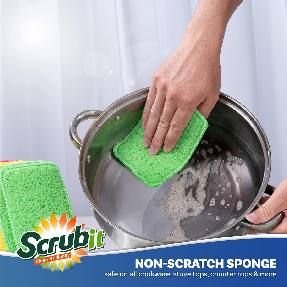 Scrub and Wipe Cleaning Sponges [10 Pack] – SCRUBIT Dual Sided Scouring Pad and Sponge - Reusable Kitchen Scrubbing Sponges for Dishes, Pots, Pans Utensils & Non-Stick Cookware (Blue)