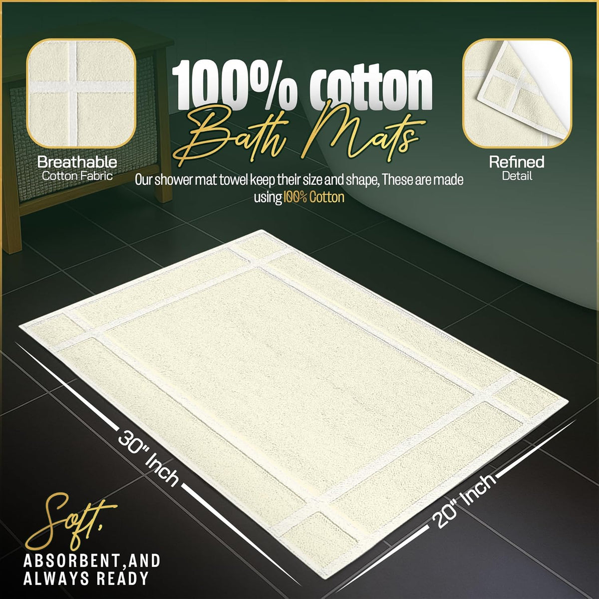 Pearl Linens Pack of 6 100% Cotton Bath Mat 20x30 inches, Soft & Absorbent Quick Dry Bathroom Mat Set, Not Bathroom Rugs, After Shower Mat, Bath Tub Mat, 687 GSM, Machine Washable, Ivory