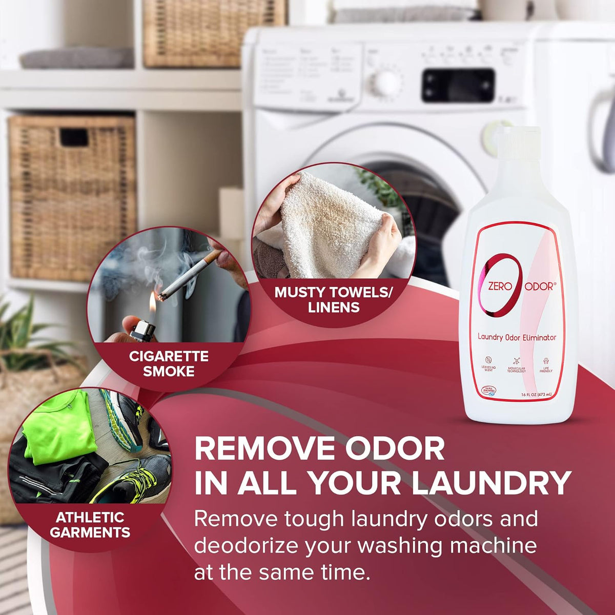 Zero Odor – Laundry Odor Eliminator - Permanently Eliminate laundry Odor – Patented Molecular Technology Best For Clothes, Towels & Linens, Shoes, Bags, Etc. - rinse and refresh Again, 16oz (3-Pack)