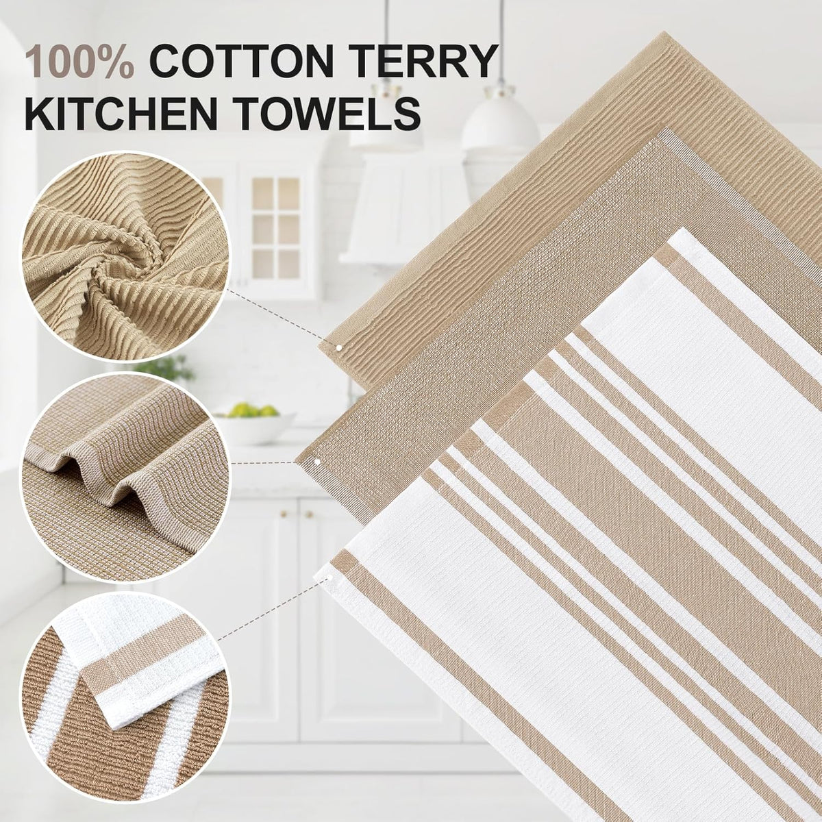 Homaxy Premium Kitchen Towels(18”x 28”, 9 Pack), Large Cotton 380 GSM Kitchen Hand Towels, Soft and Absorbent Terry Dish Towels, Multipurpose Tea Towel Set with Hanging Loop, Khaki