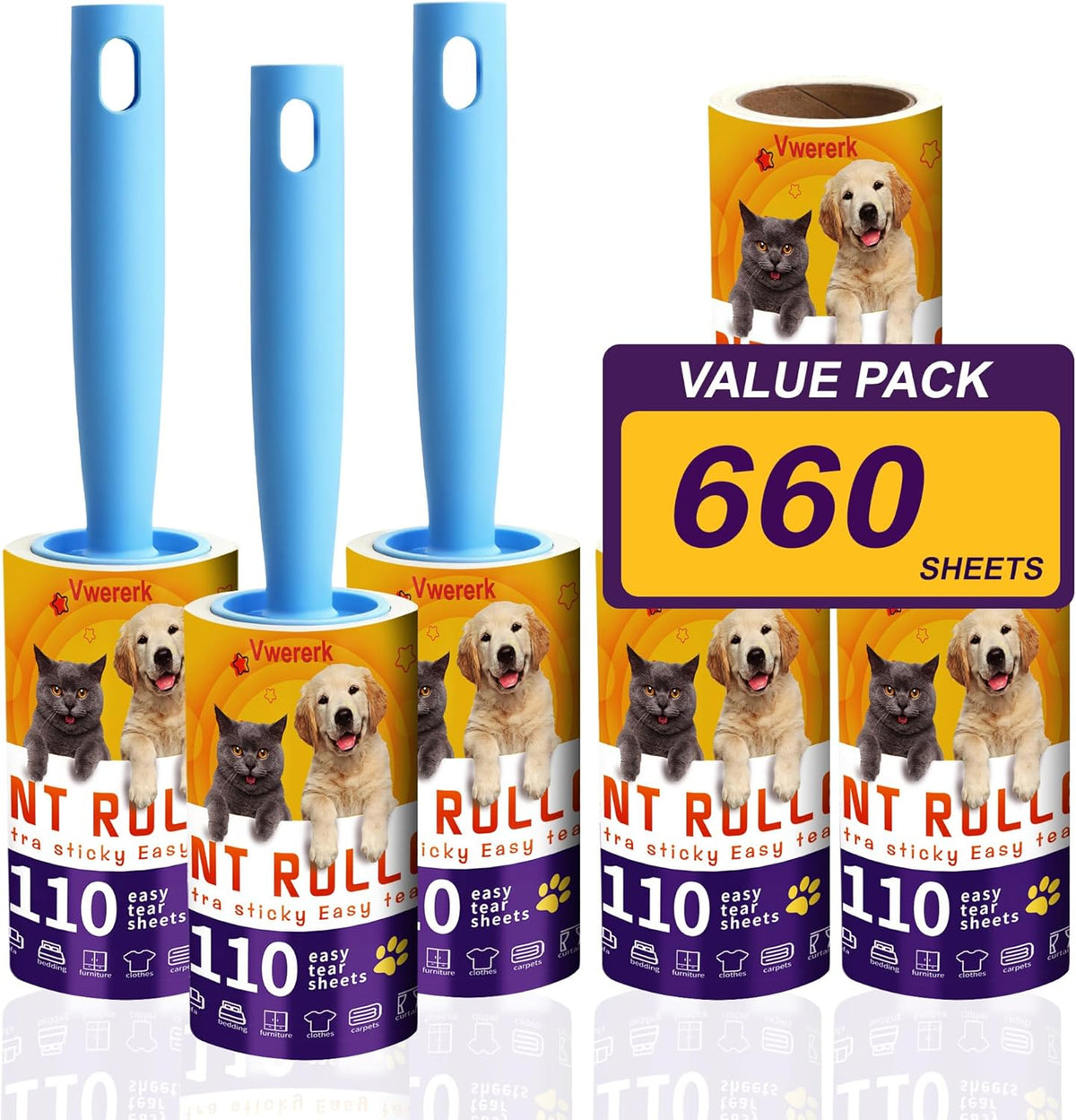 Lint Rollers for Pet Hair Extra Sticky, 660 Sheets Value Set/6 Lint Roller Refills with 3 Durable Handles, Pet Hair Roller for Clothes, Furniture, Carpet