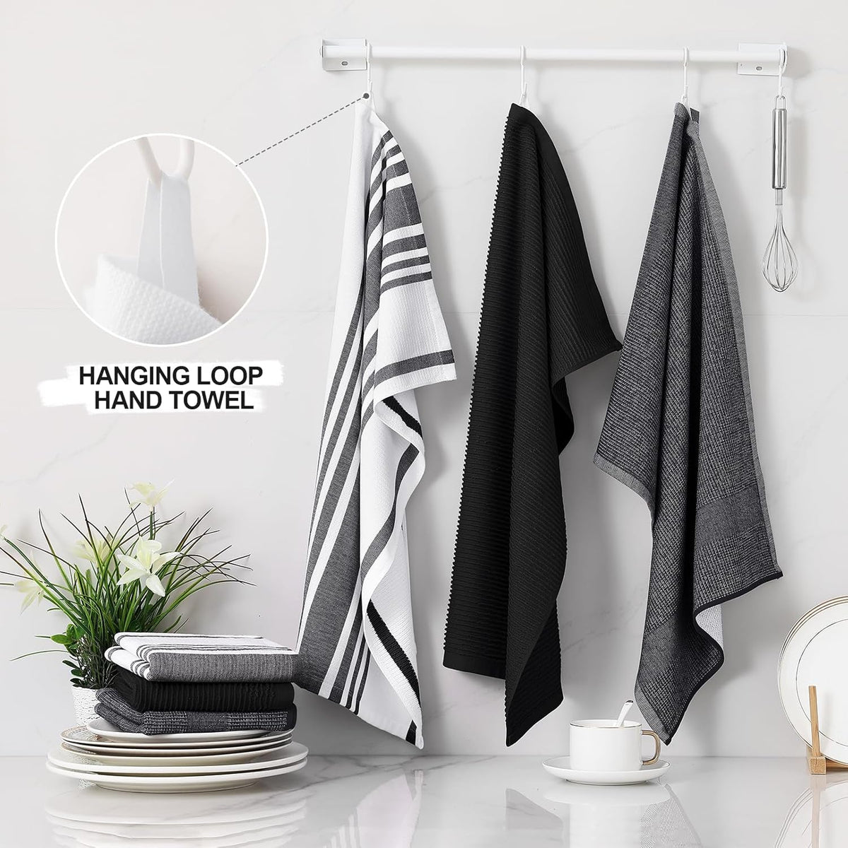 Homaxy Premium Kitchen Towels(18”x 28”, 3 Pack), Large Cotton 380 GSM Kitchen Hand Towels, Soft and Absorbent Terry Dish Towels, Multipurpose Tea Towel Set with Hanging Loop, Black