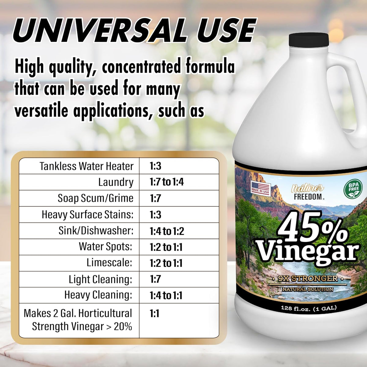 Nature's Freedom 45% Concentrated Vinegar, 1 Gallon - Dilutes to 9 Gallons - 9x Strength Multi-Purpose Solution
