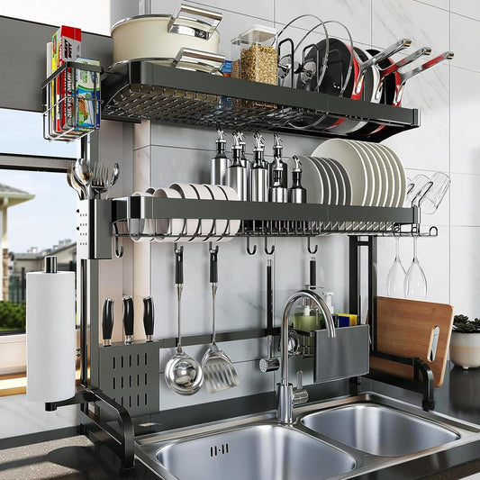 Over The Sink Dish Drying Rack,3 Tier Adjustable Length Full Stainless Steel Large Storage Kitchen Dish Rack,for Kitchen Counter Expandable Multifunctional Organizers,Silver (25.5'' to 37.6'')