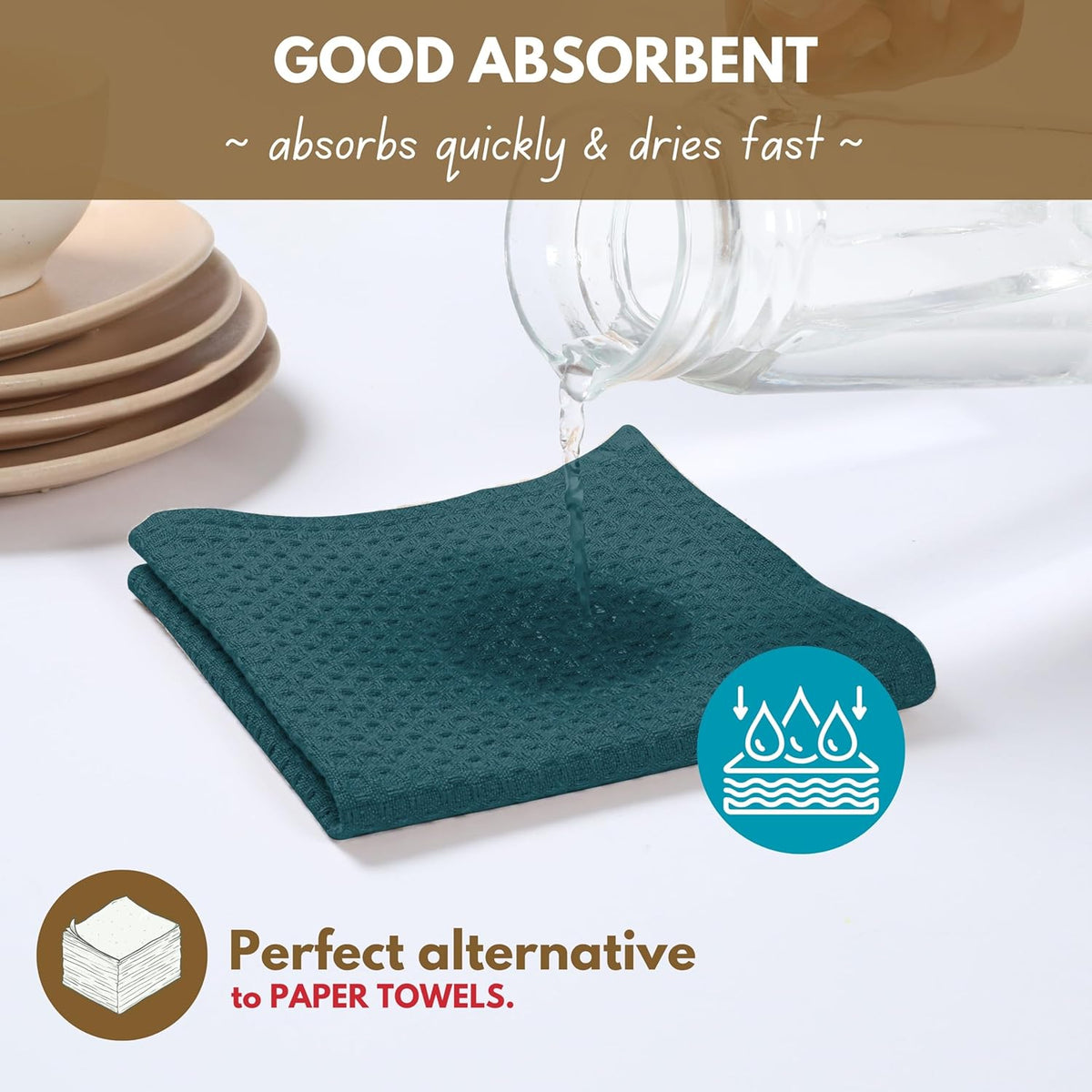 Native Fab Waffle Weave Kitchen Towels, 4 Pack, 16x26 inches, 100% Cotton, Soft & Absorbent Towel with Hanging Loop, Ideal for Cleaning & Drying, Dish Cloths, Bar Towels, Teal Green