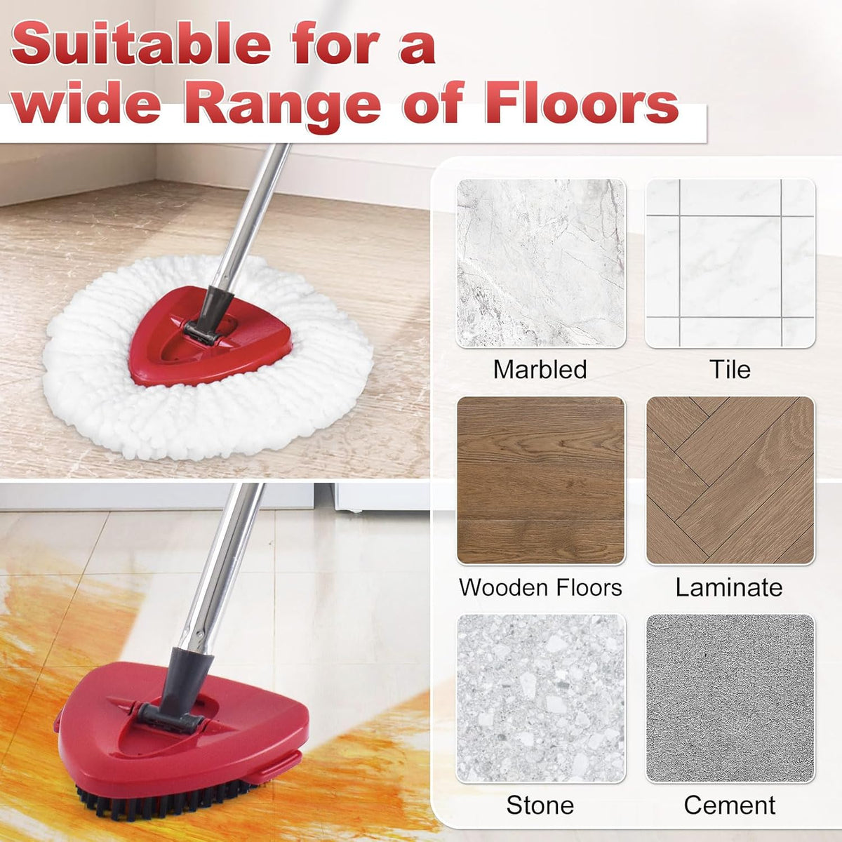 Mop Head Replacement, Base, Mop Handle for Ocedar EasyWring 1-Tank System, 2 Microfiber Mop Refills, Extendable Length 30-59" Mop Handle, Base and Scrubber for All Hard-surfaced Floor