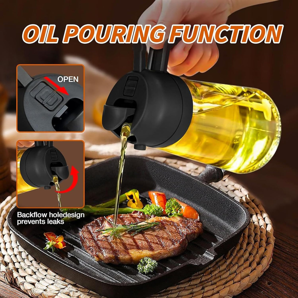 2-in-1 Glass Oil Dispenser & Sprayer - 16oz/470ml Leakproof Bottle for Cooking, Air Fryer, BBQ, Baking, Salad (Transparent Black 1PC)