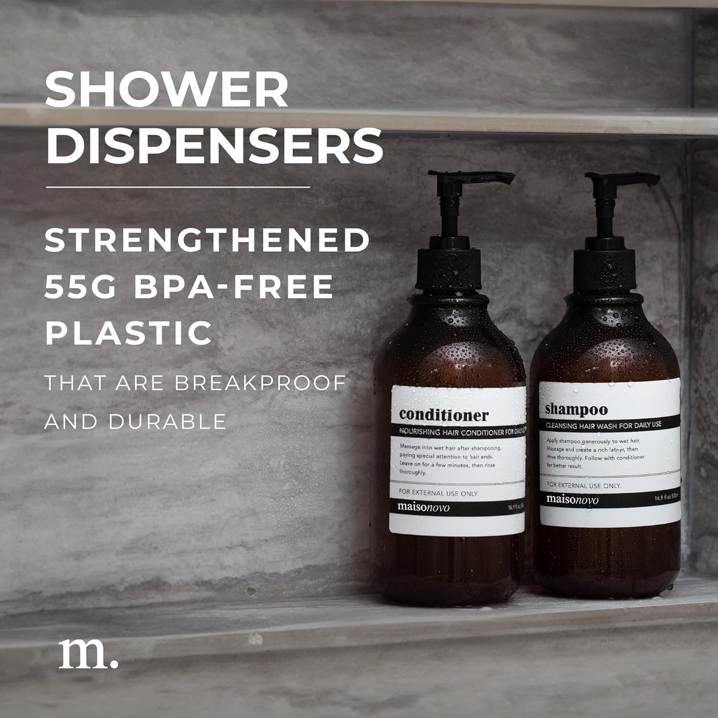 MaisoNovo Refillable Shampoo and Conditioner Bottles | 16.9 fl oz Set of 3 Amber Plastic Bottles Black Pumps