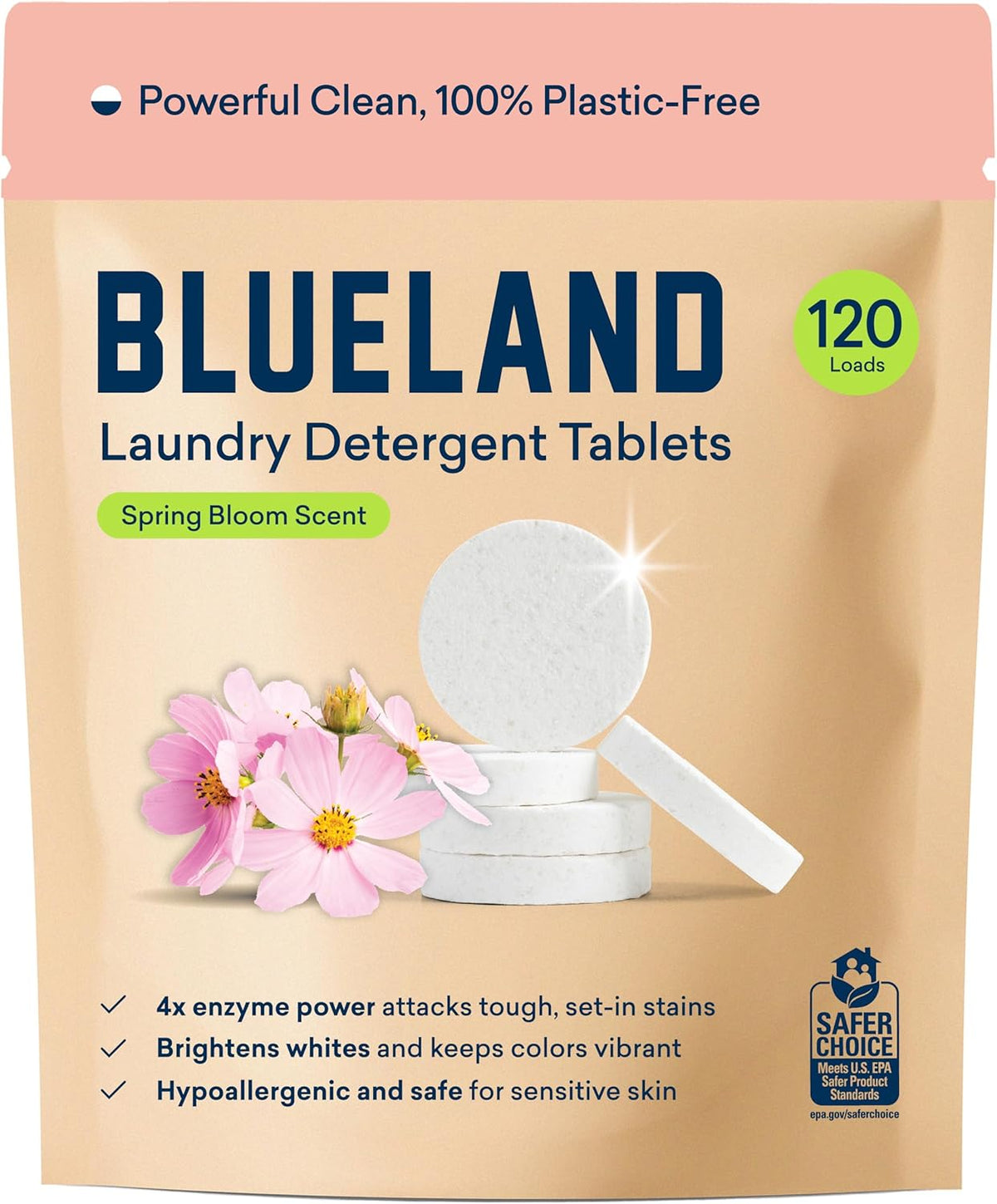 BLUELAND Laundry Detergent Tablets, 120 Count, Spring Bloom Scent, Plastic-Free Eco-Friendly Pods, Sheets, Liquid Alternative - Safe for Sensitive Skin, Gentle