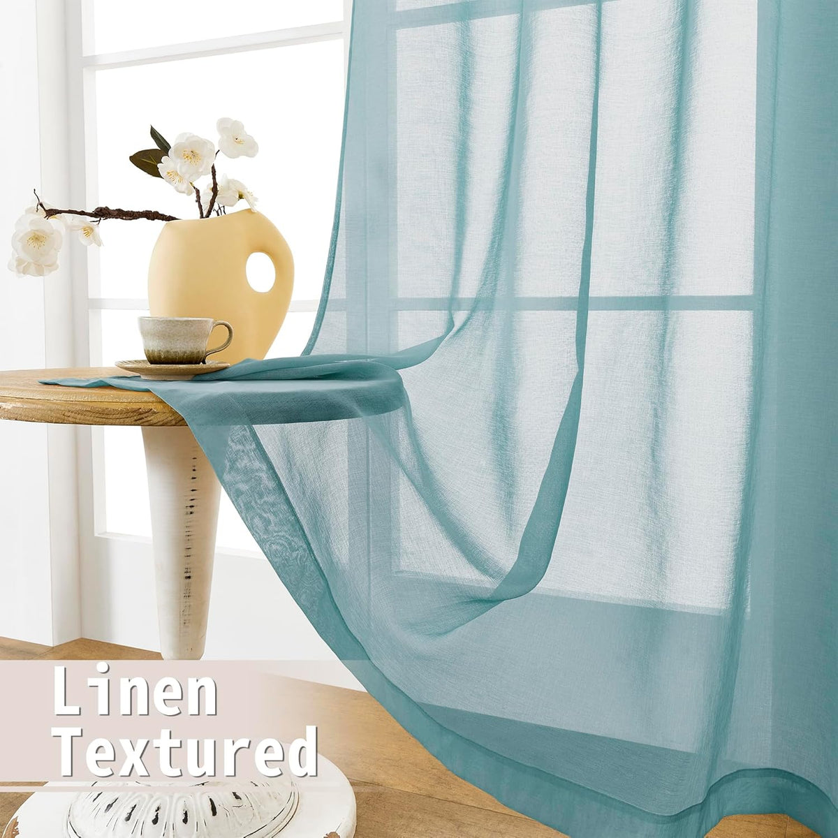 Tollpiz Short Sheer Door Curtains Closet Linen Textured Curtains Sheer Doorway Light Filtering Voile Patio Door Rod Pocket Curtain French Door, 54 x 40 inches Long, Dusty Blue, Set of 1 Panel