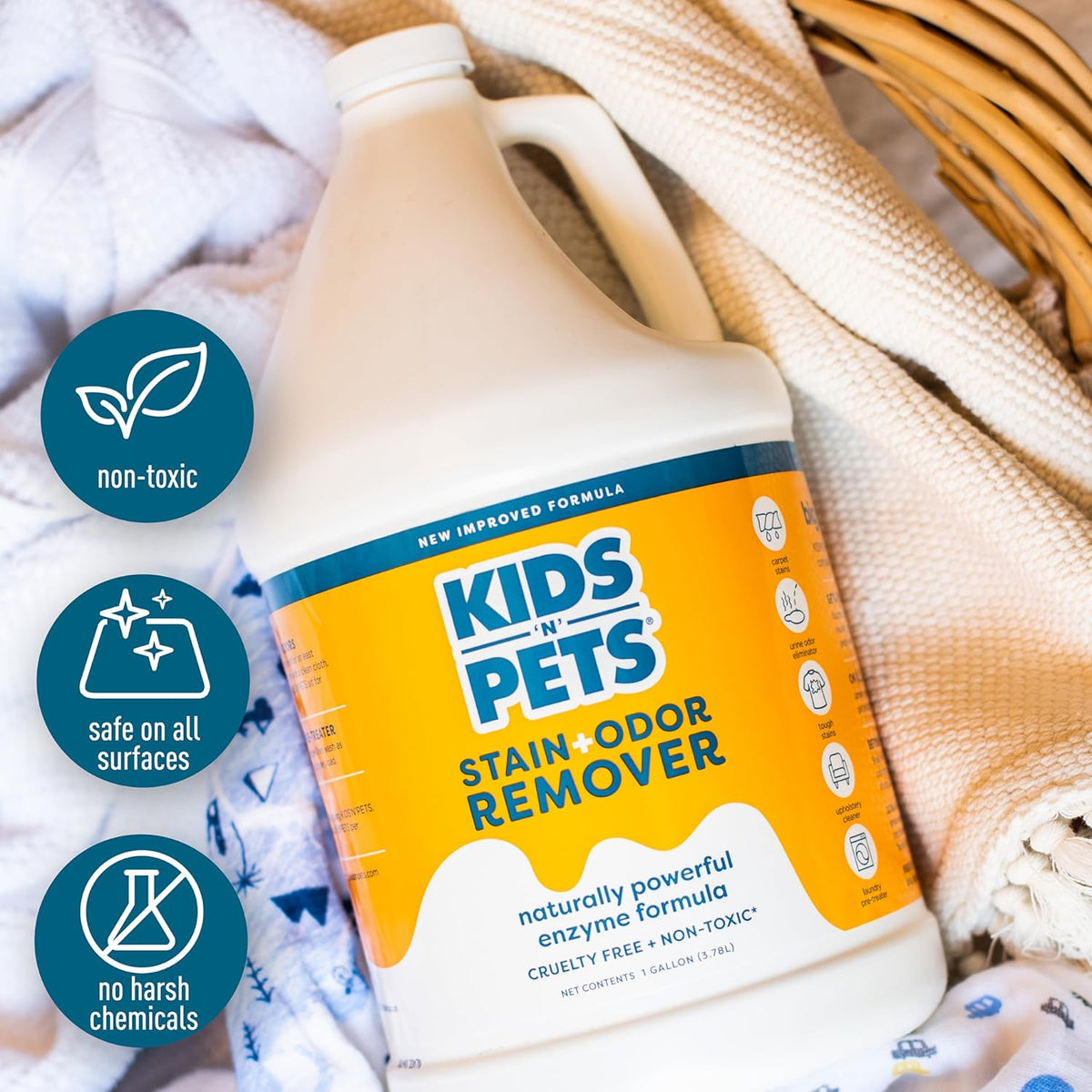 KIDS 'N' PETS Instant All-Purpose Stain & Odor Remover - Cleans Dog Pee, Cat Urine, Other Smells, Spots from Carpet, Couch, Mattress - Non-Toxic Chemicals & Child Safe Enzyme Cleaner - 1-Gallon