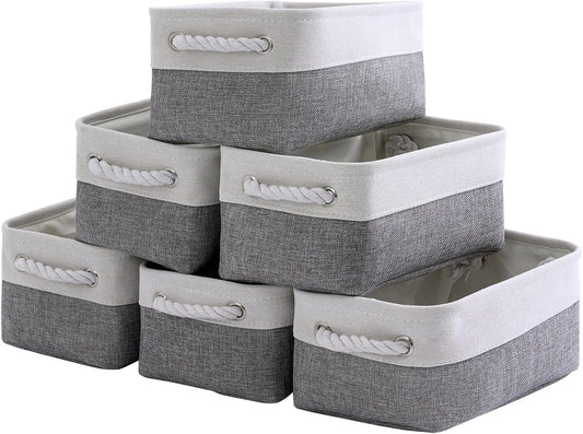 TheWarmHome Small Storage Baskets for Organizing,Storage Baskets for Shelves,Small Fabric Storage Bins W/Handles For Closet Nursery Toy Decorative Foldable (White&Grey, 11.8L*7.9W*5.2H-6 Pack)