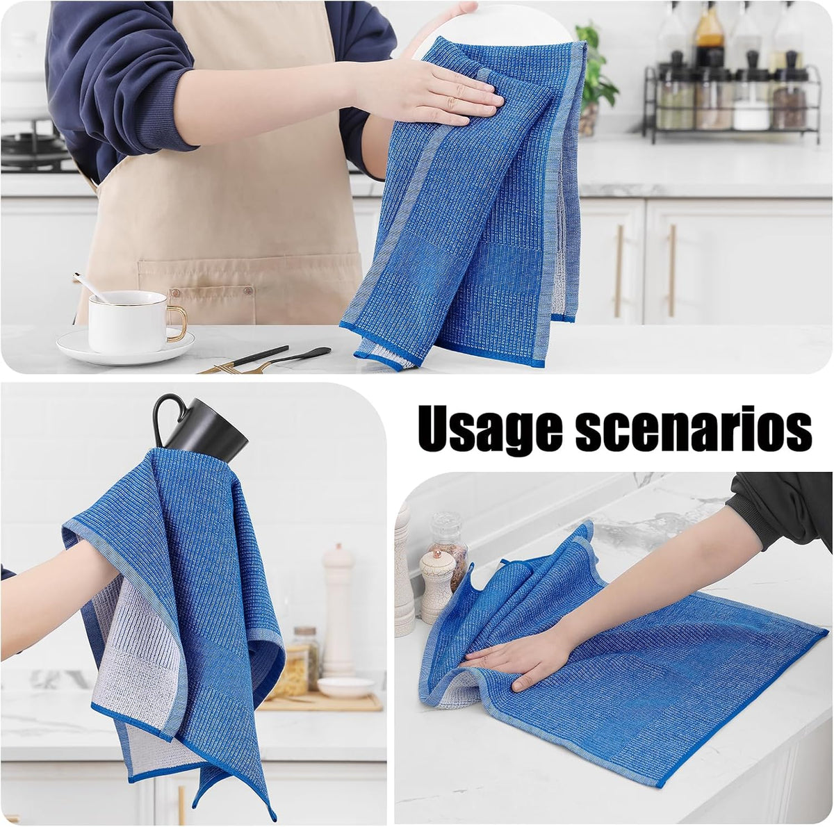 Homaxy Premium Kitchen Towels(18”x 28”, 8 Pack), Large Cotton Kitchen Hand Towels, Flat and Terry Dish Towels, 380 GSM Highly Absorbent Tea Towel Set with Hanging Loop, Blueberry
