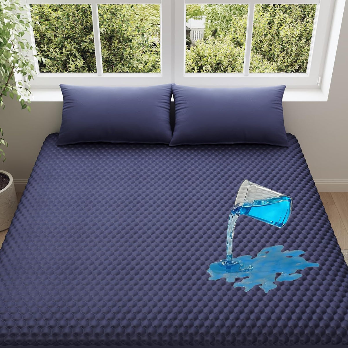 OhGeni 100% Waterproof Mattress Protector, Queen Size Mattress Pad, Fits 6"-20" Mattresses with Deep Pocket, Cooling, Breathable Fitted Sheets, Soft Bed Cover, Noiseless, Machine Washable(Navy Blue)