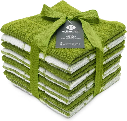 100% Cotton Terry Dish Cloth & Dish Towel, 6 Pack, Super Soft and Absorbent Kitchen Towels, Perfect for Kitchen Cleaning and Dish Washing (Green (Solid and Checks) 8 Pack)