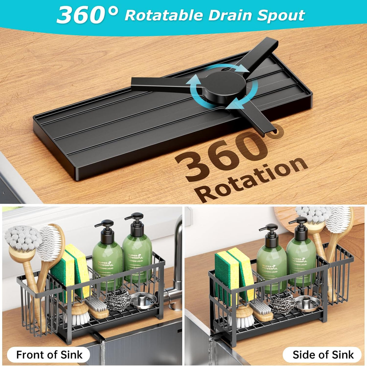 Sponge Holder for Kitchen Sink, 2 Tier Sink Caddy Organizer Countertop with Dish Brush Holder and 360° Drain Tray, Rustproof Stainless Steel Dish Soap Storage Rack Set for Accessories Grey