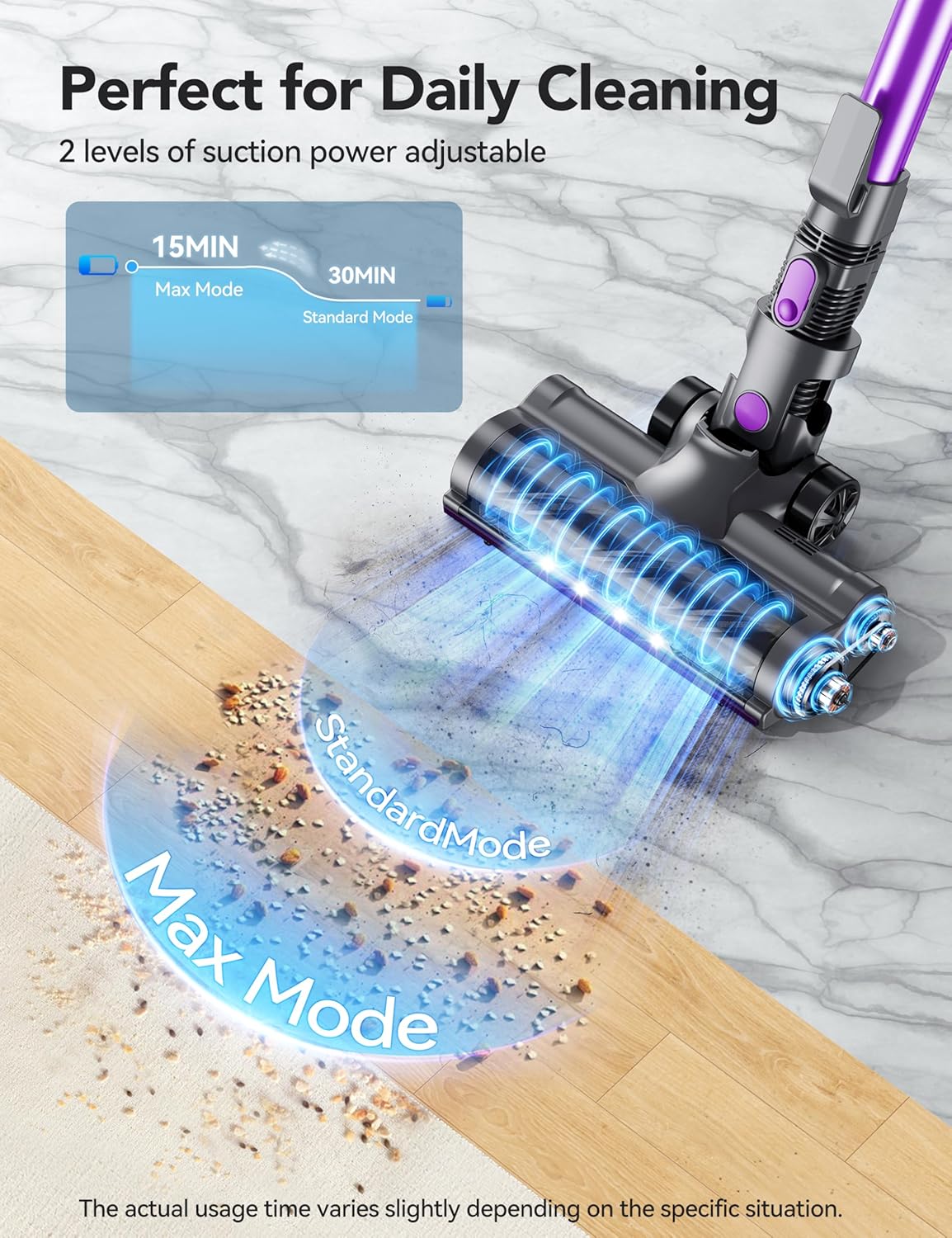 Cordless Vacuum Cleaner, Rapid Clean 23 Kpa Powerful Suction, 1.3 L Large Capacity, 2 Modes & 30Mins Runtime, Rechargeable Stick Vacuum for Pet Hair Hardwood Carpet - Purple