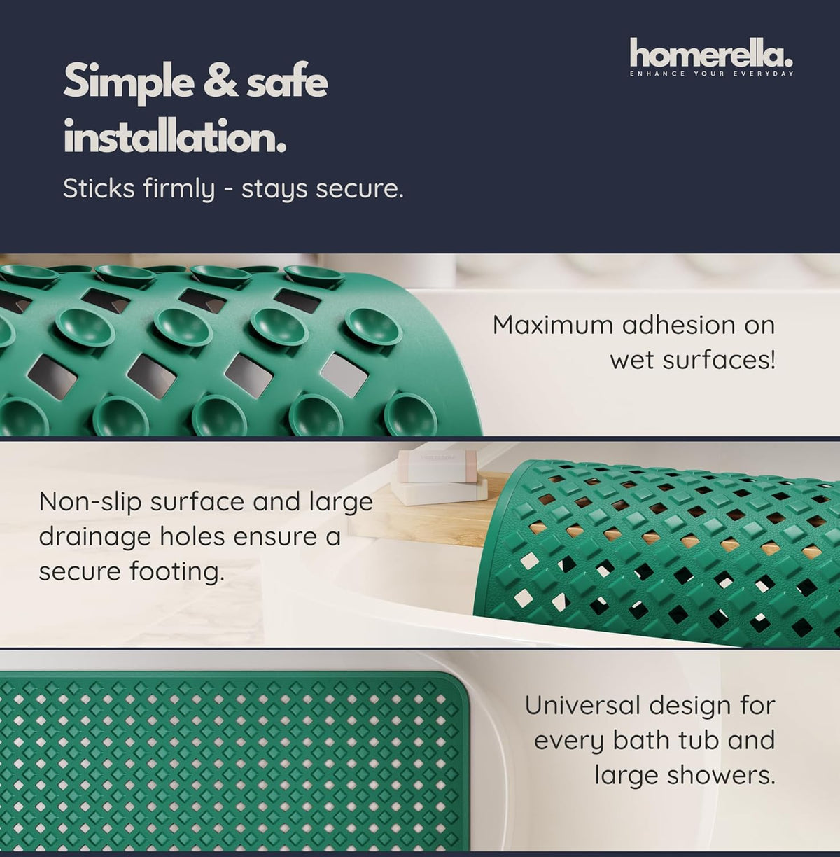 homerella® Bathtub Mat Non Slip 35x16, Incl. Hooks for Drying, Extra Long, 100% BPA Free, Shower Mat Non Slip Anti Mold, Machine Washable, Shower Mats for Inside Shower Mildew Resistant
