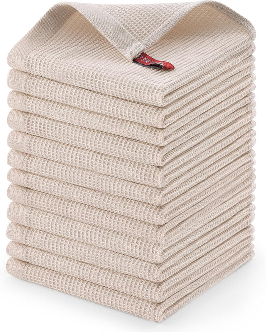 Homaxy 100% Cotton Waffle Weave Dish Cloths - 12 Pack Soft and Absorbent Dish Towels - 12 x 12 Inches Quick Dry Dish Rags - Beige