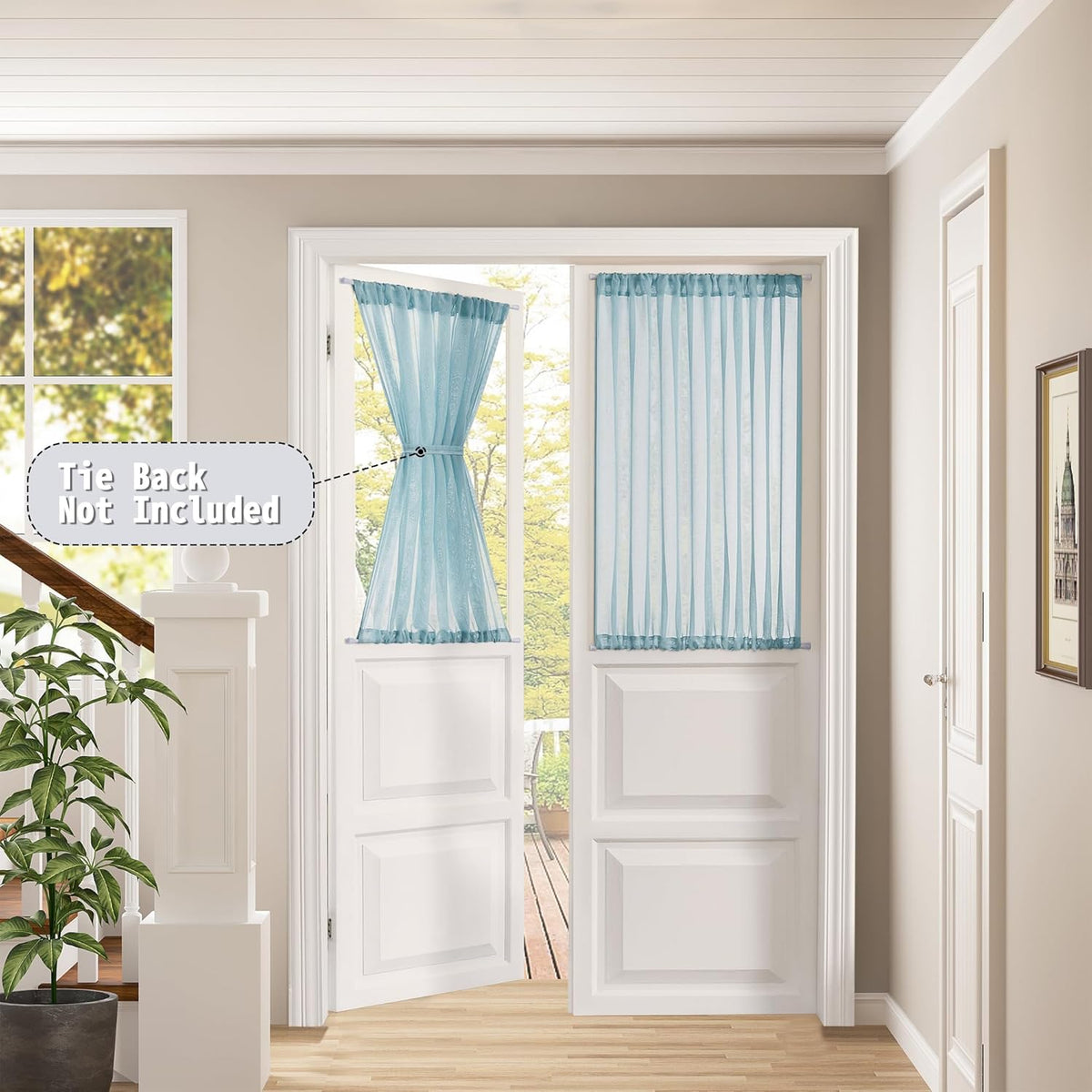 Tollpiz Short Sheer Door Curtains Closet Linen Textured Curtains Sheer Doorway Light Filtering Voile Patio Door Rod Pocket Curtain French Door, 54 x 40 inches Long, Dusty Blue, Set of 1 Panel