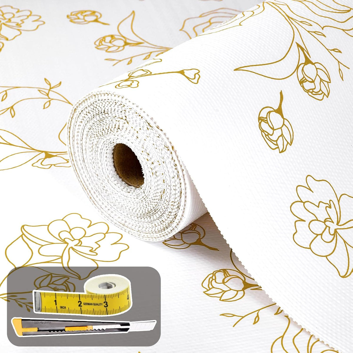Shelf Liners for Kitchen Cabinets 17.5in x 30FT Non Adhesive Drawer Liner Gold Floral Thickened Shelf Liner Paper Strong Non-Slip Easy to Clean for Tool Box Refrigerator with Knife and Tape Measure