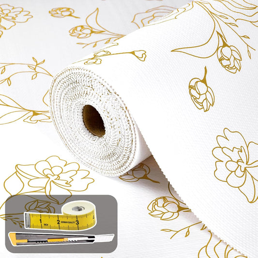 Shelf Liners for Kitchen Cabinets 17.5in x 30FT Non Adhesive Drawer Liner Gold Floral Thickened Shelf Liner Paper Strong Non-Slip Easy to Clean for Tool Box Refrigerator with Knife and Tape Measure