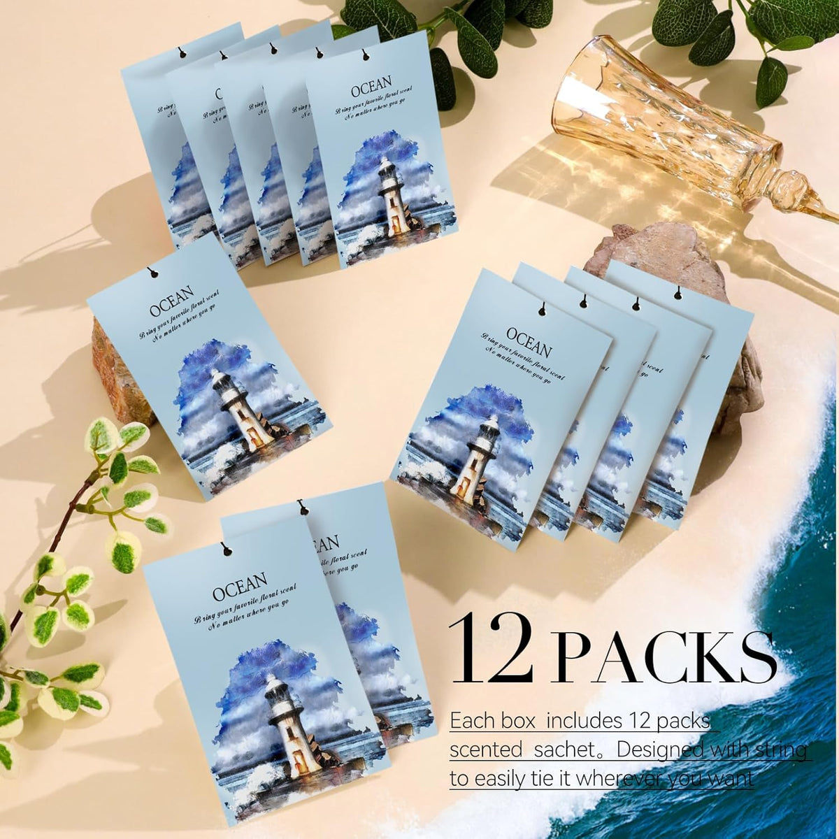 Ocean Scented Sachet Bags - 12 Pack Closet Freshener Odor Eliminator, Long Lasting Home Fragrance for Drawers, Wardrobes & Cars, House Smell Good Products, Air Freshener for Closet