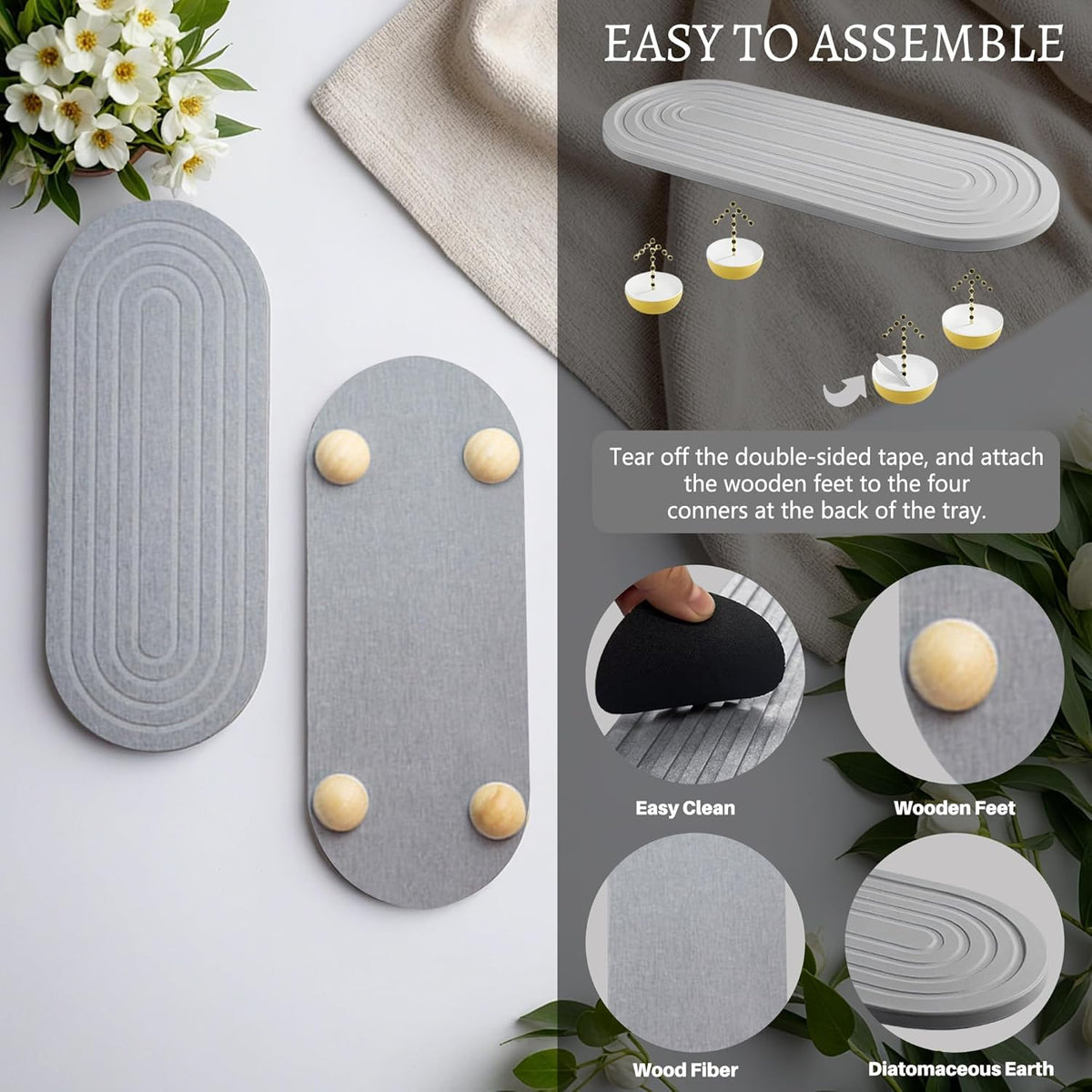 Instant Dry Sink Caddy Organizer, Fast Drying Sink Caddy, Water Absorbing Stone Sponge Holder for Kitchen and Bathroom Countertop with Natural Loofah and Wooden Feet