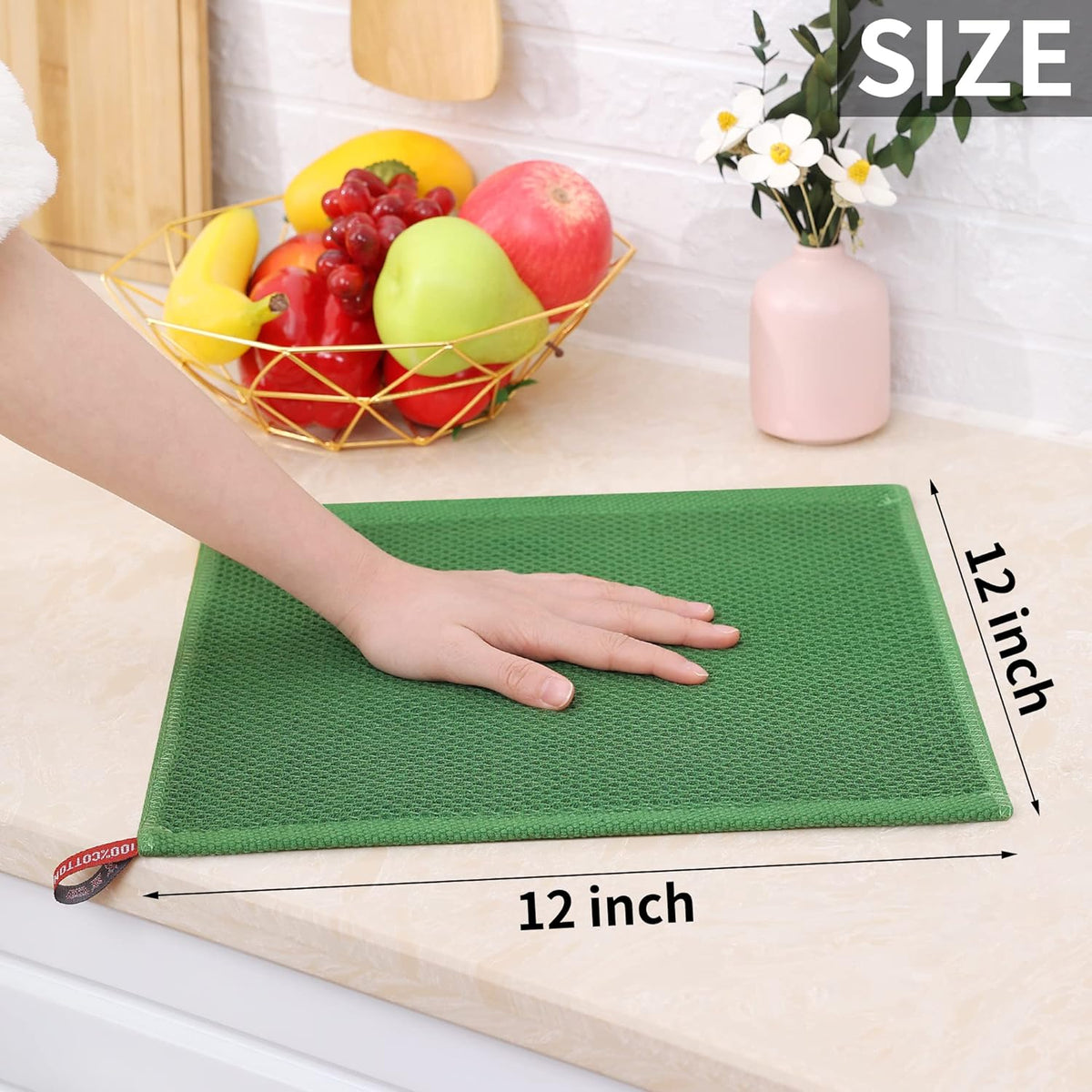Homaxy 100% Cotton Waffle Weave Kitchen Dish Cloths, Ultra Soft Absorbent Quick Drying Dish Towels, 12 x 12 Inches, 6-Pack, Grass Green