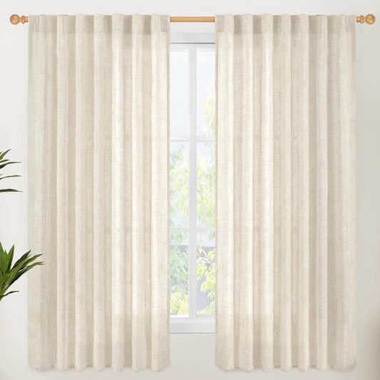 YoungsTex Linen Curtains 60 Inch Wide for Living Room, Semi Sheer Light Filtering Window Drapes 63 Inch Length with Rod Pocket Back Tab for Bedroom Dining Room, Linen, 2 Panels, 60 X 63 Inch