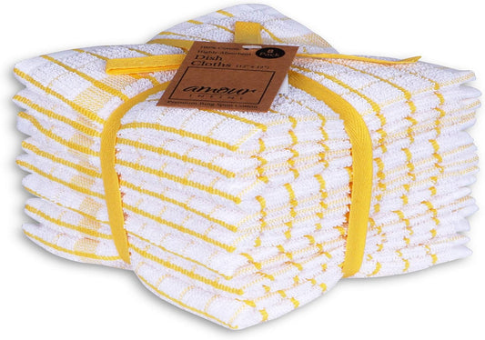 AMOUR INFINI Kitchen Dish Cloths Set of 8 - Ultra Soft, Highly Absorbent, Quick-Drying Terry Cotton Dishcloths 12"x12" Inch Wash & Cleaning Cloths for Kitchen & Dishwashing (Yellow)