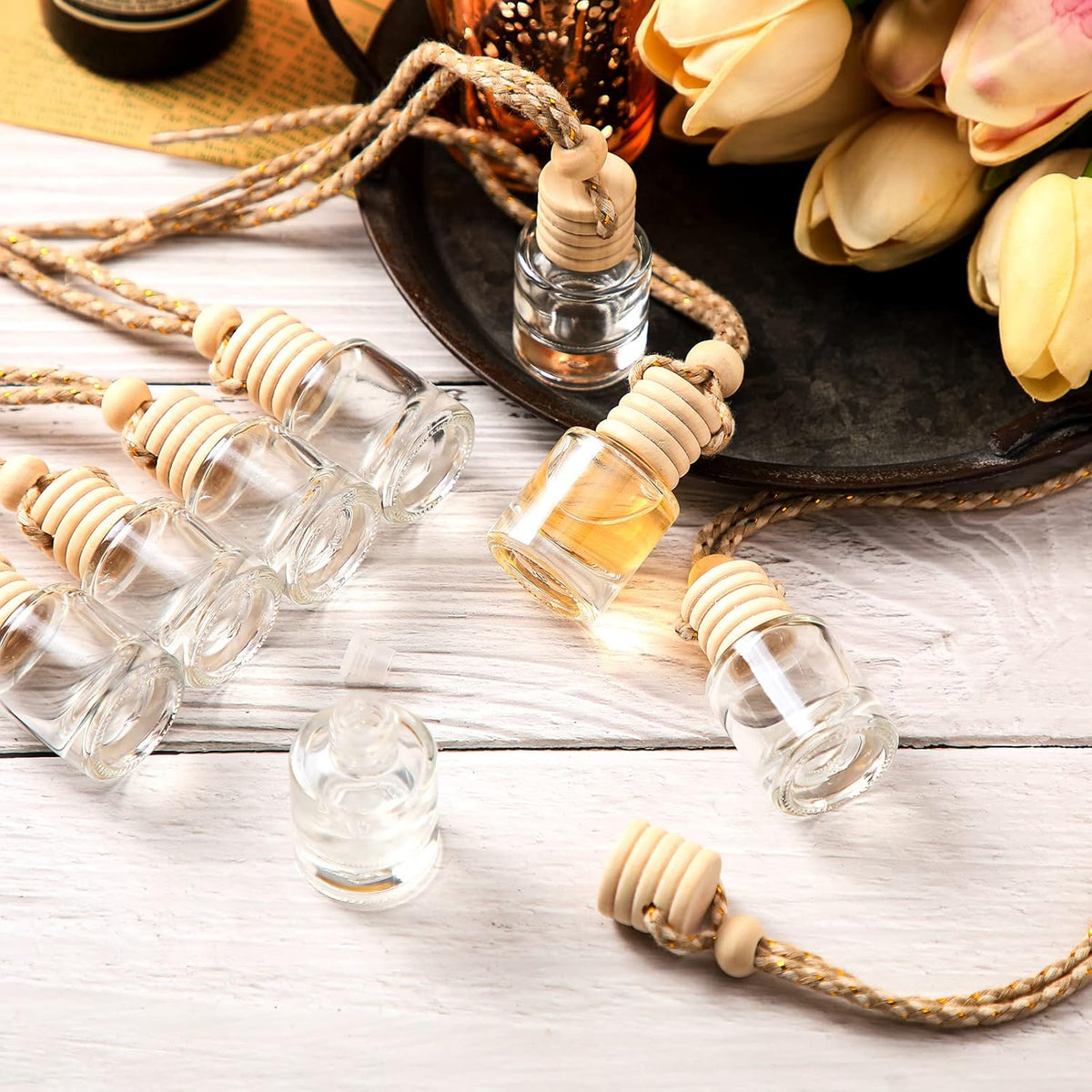 BBTO 50 Pcs Hanging Car Air Freshener Car Diffuser Bottles Empty Glass Perfume Bottle Freshener Diffuser Bottle Pendant for Essential Oil Fragrance Aromatherapy Bottle Ornament (Cylinder)