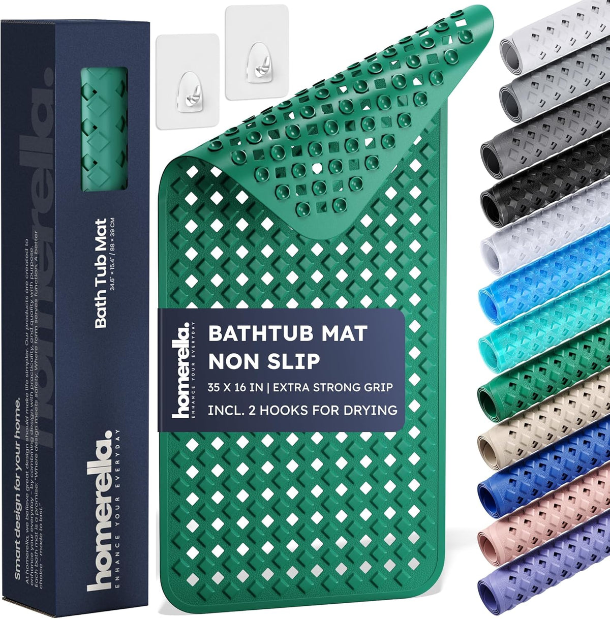 homerella® Bathtub Mat Non Slip 35x16, Incl. Hooks for Drying, Extra Long, 100% BPA Free, Shower Mat Non Slip Anti Mold, Machine Washable, Shower Mats for Inside Shower Mildew Resistant